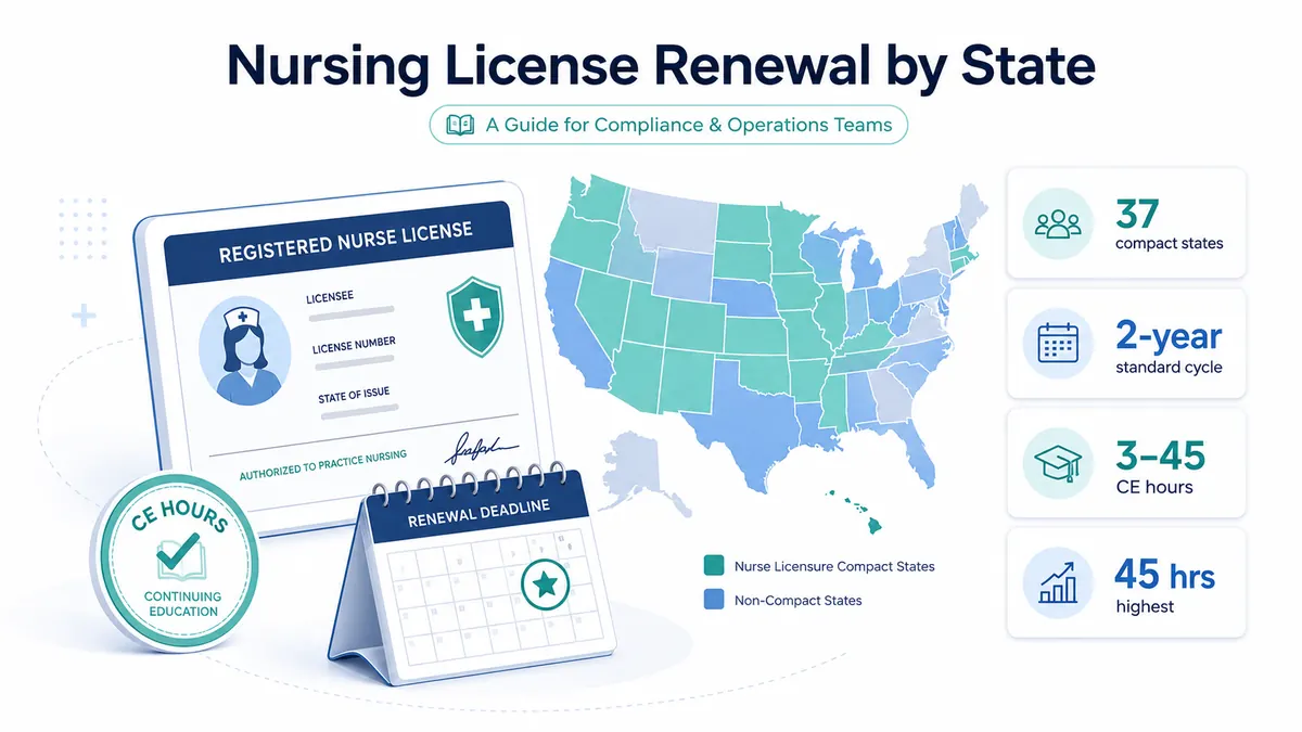 Nursing license renewal by state overview with compact states, renewal cycle, CE hours, and deadline indicators.