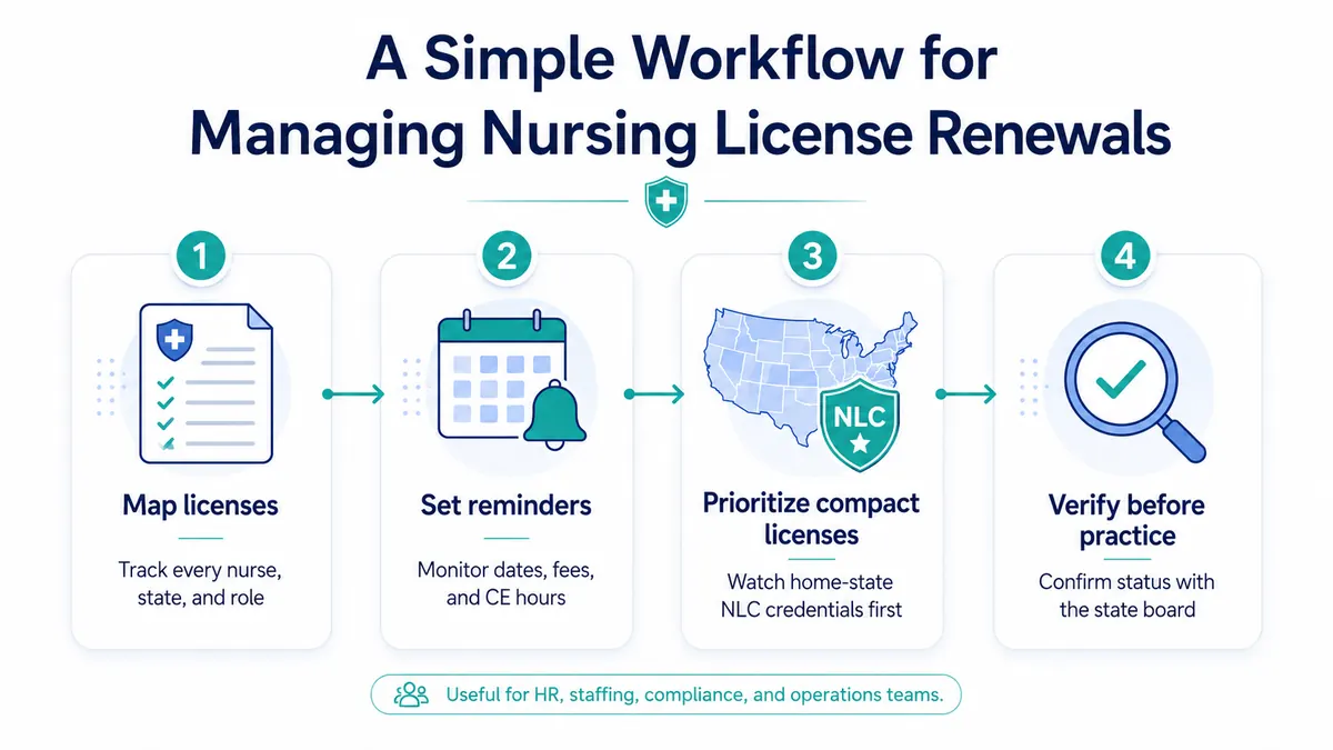 Four-step workflow for managing nursing license renewals: map licenses, set reminders, prioritize compact licenses, and verify status.