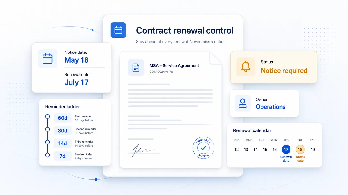 RenewOps contract renewal control workspace showing notice date, renewal date, owner, reminder ladder, and notice required status.